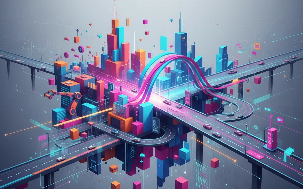 Isometrische Illustration einer vernetzten Stadt mit leuchtenden Verkehrsachsen